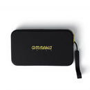 A black zippered pouch with a wrist strap, featuring the brand name 'amnesia' in gold cursive script and 'IBIZA' in smaller gold block letters on the front, set against a plain white background.