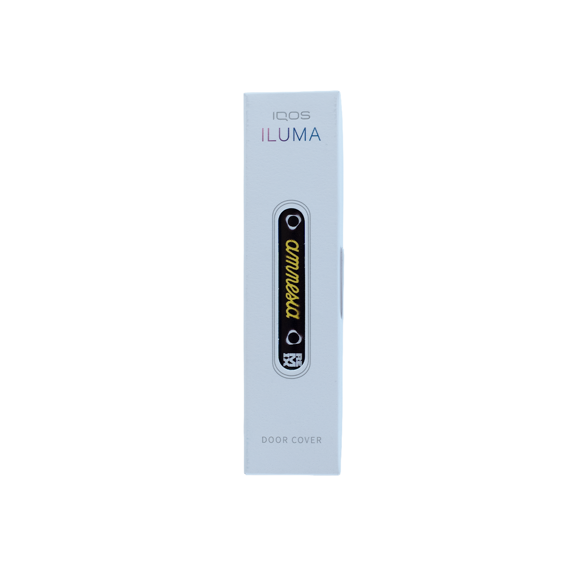 A tall, narrow white product box for an iCOS iLUMA door cover, featuring a central black window with yellow and white branding details, set against a plain white background.