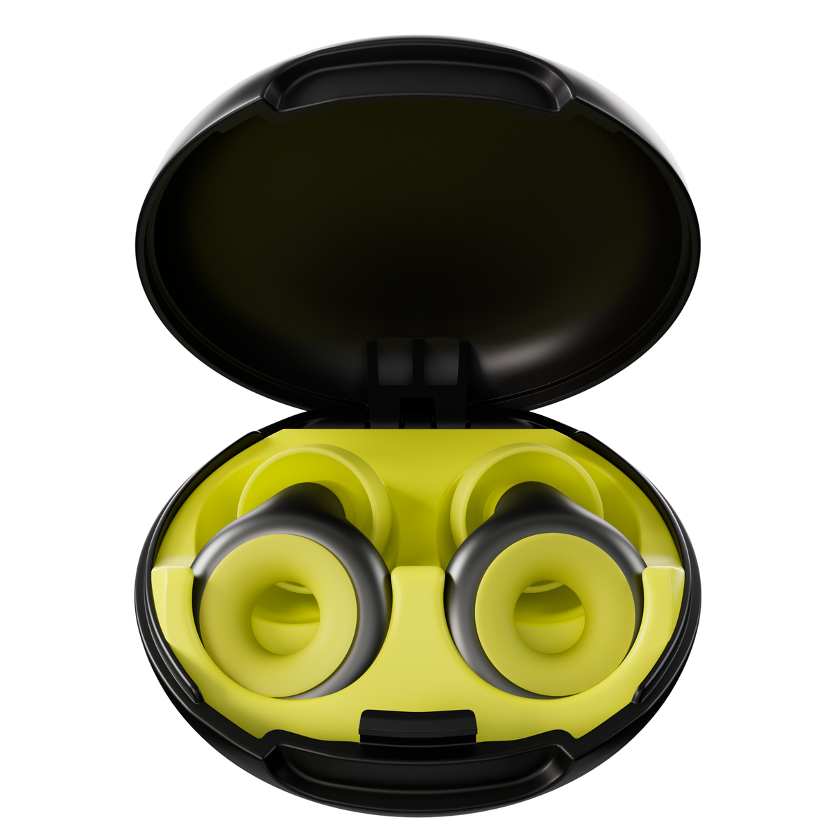 Open black wireless earbud charging case with bright yellow interior and two gray-and-yellow earbuds visible, shown on a plain white background.
