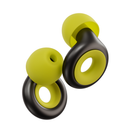 A pair of modern wireless earbuds with a matte black outer ring and a bright lime green inner ring and silicone tips, shown on a solid white background.